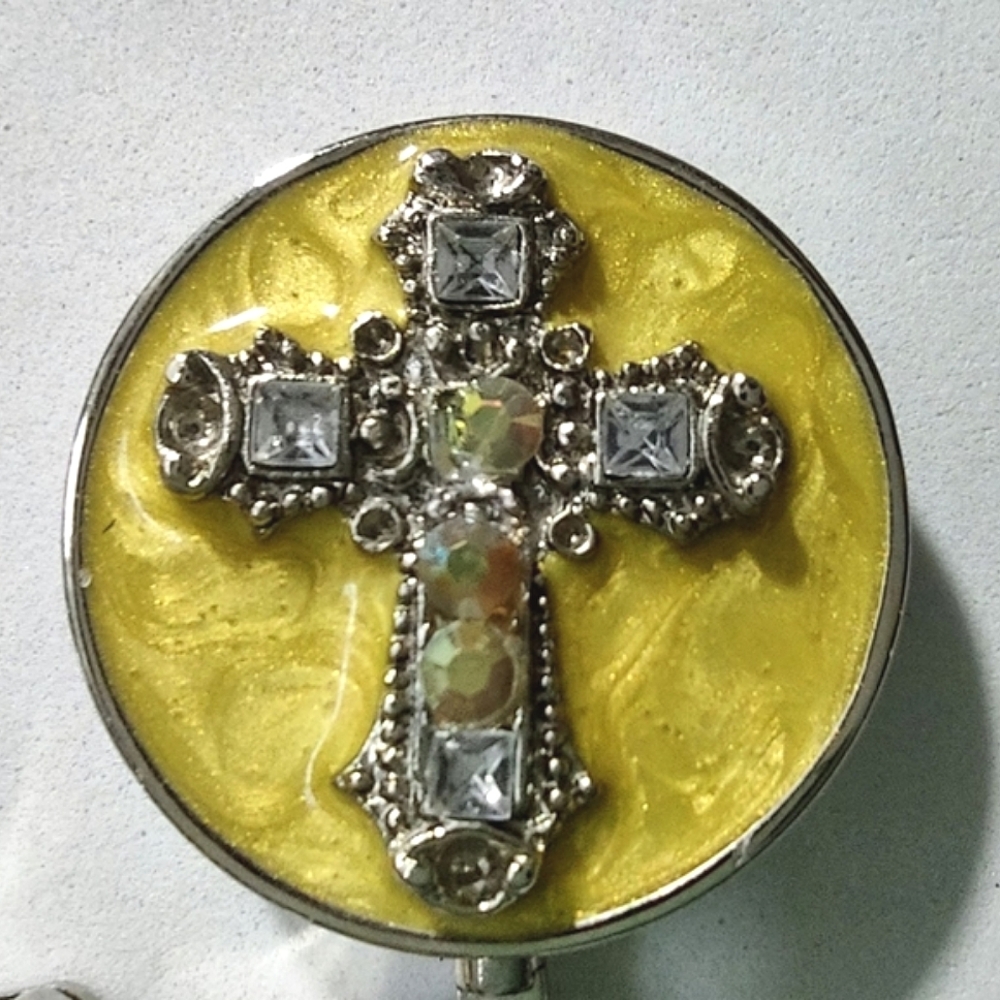 Handbag Hook Crystal Cross on Yellow Pearlized Enamel